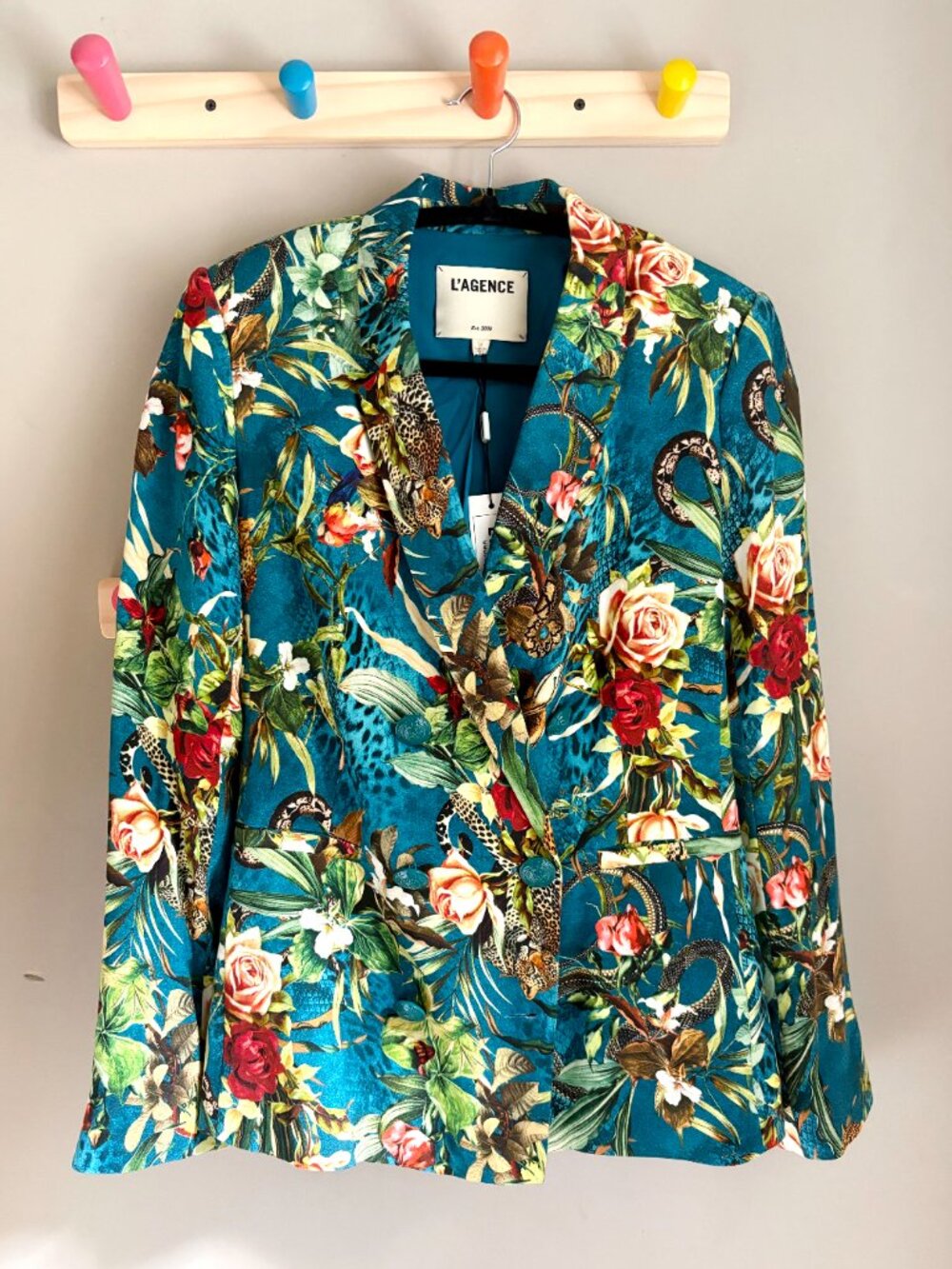 NWT L'AGENCE Colin Double Breasted Blazer in Teal Multi Jungle Print